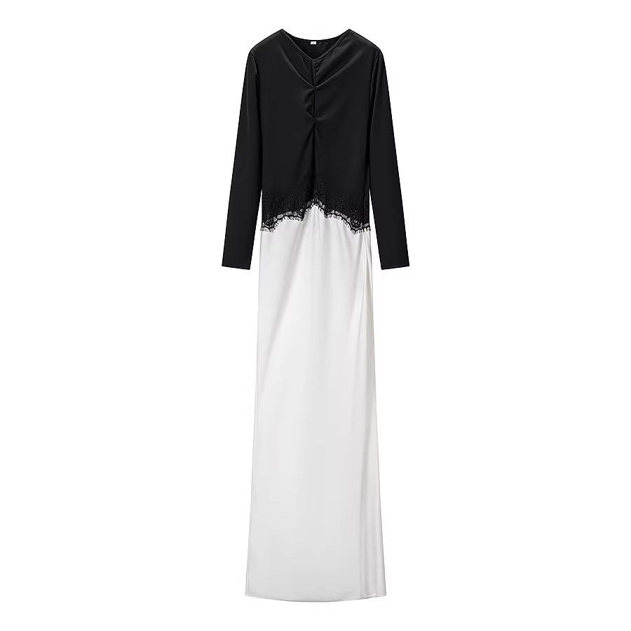 Women's maxi dress with contrasted top, lace insert and long sleeves Fashion Glam