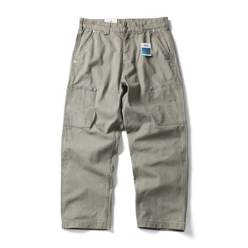 Men's Wide Canvas Cargo Pants with Large Patch Leg Pockets and Relaxed Baggy Cut Fashion Glam