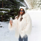 Women's Short Faux Fur Coat with Voluminous Shawl Collar and High Pile Look Fashion Glam