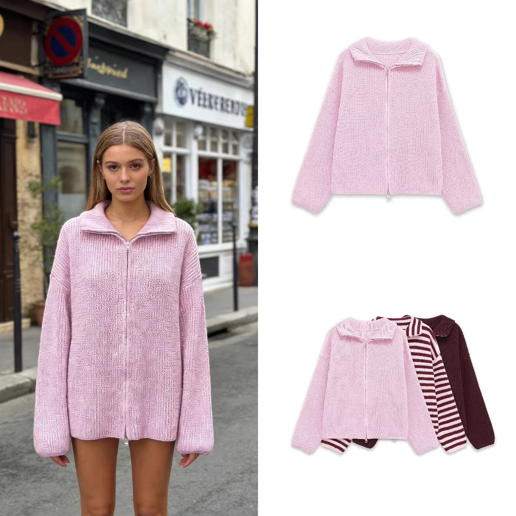 Women's Chunky Knit Zip Cardigan with Stand-up Collar and Oversized Silhouette Fashion Glam