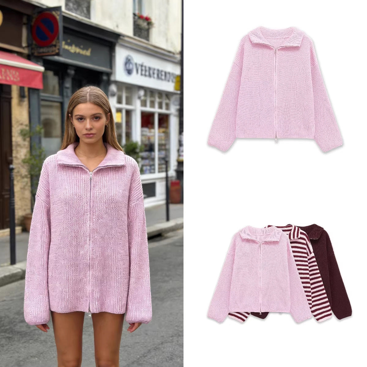 Women's Chunky Knit Zip Cardigan with Stand-up Collar and Oversized Silhouette Fashion Glam