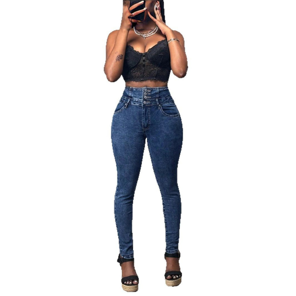 Women's high-waisted skinny jeans with triple button waistband and shaping fit Fashion Glam