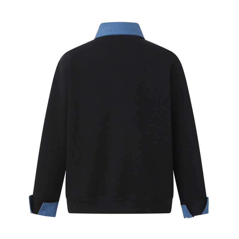 Unisex Oversize-Halfzip-Sweatshirt with contrasting shirt collar and denim cuffs Fashion Glam