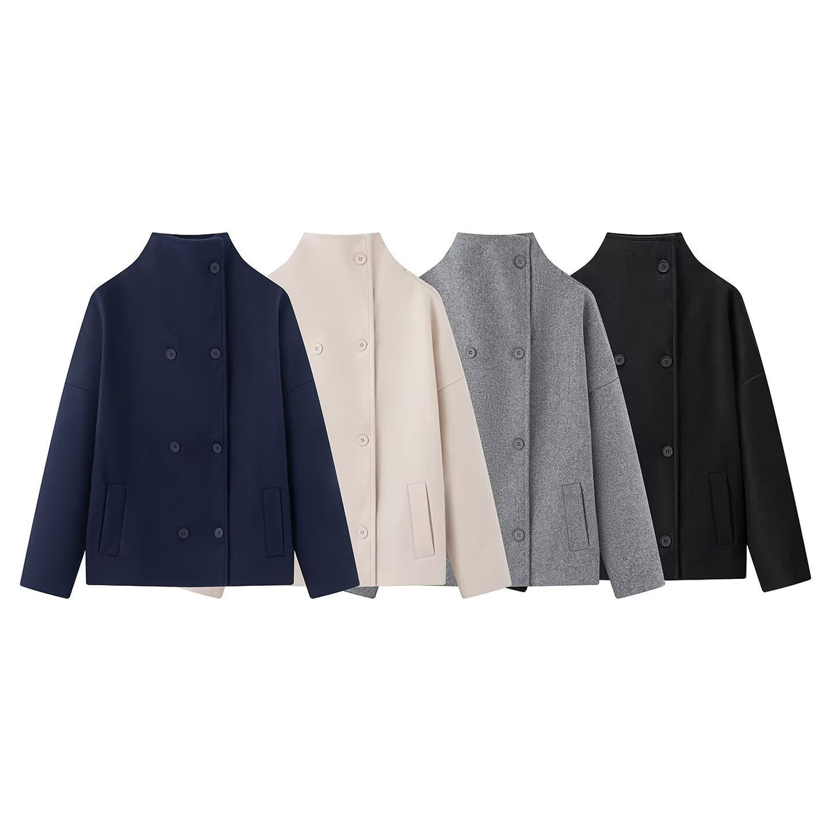 Women Short Cut Double Breasted Wool Blend Cocoon Coat with Stand-up Collar Fashion Glam