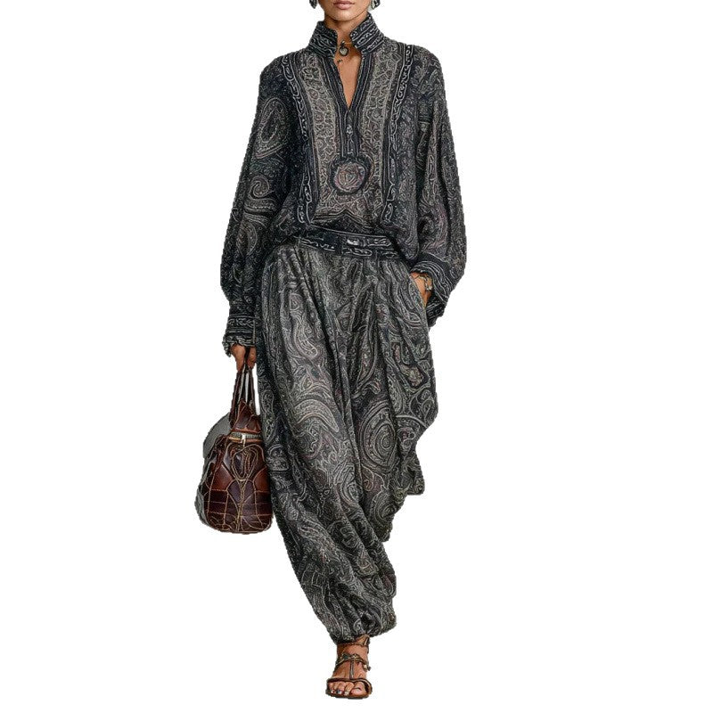 Women Flowing Boho Two-Piece Set with Loose Tunic and Harem Pants in Paisley Design Fashion Glam