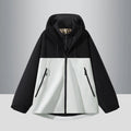 Men's Two-Tone Softshell Hybrid Jacket with Hood, Extended Back and Water-Resistant Zippers Fashion Glam