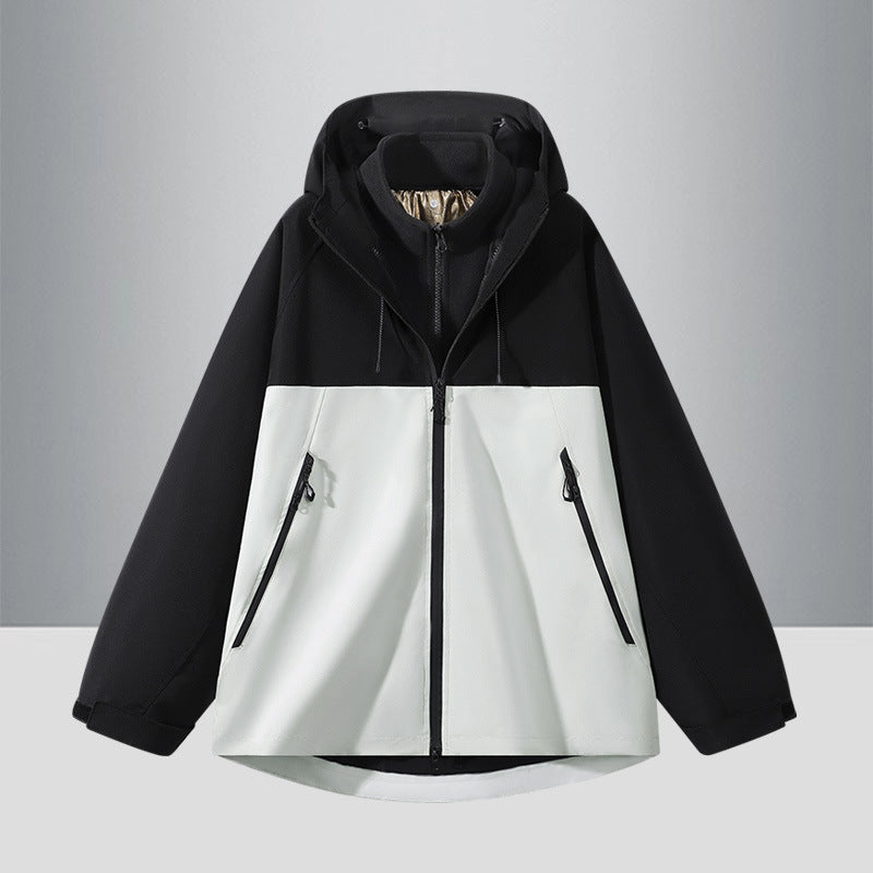 Men's Two-Tone Softshell Hybrid Jacket with Hood, Extended Back and Water-Resistant Zippers Fashion Glam