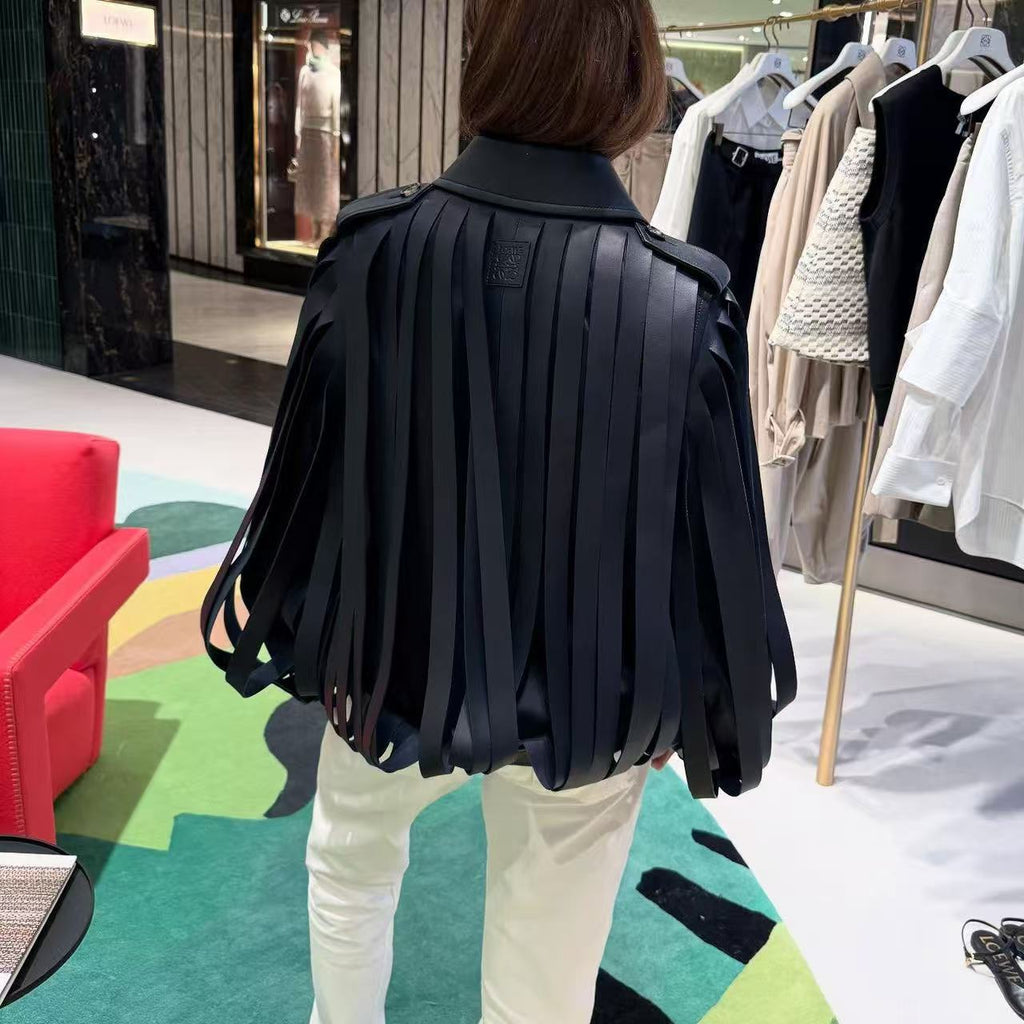 Ladies faux leather fringed biker jacket with standing collar and waist belt Fashion Glam