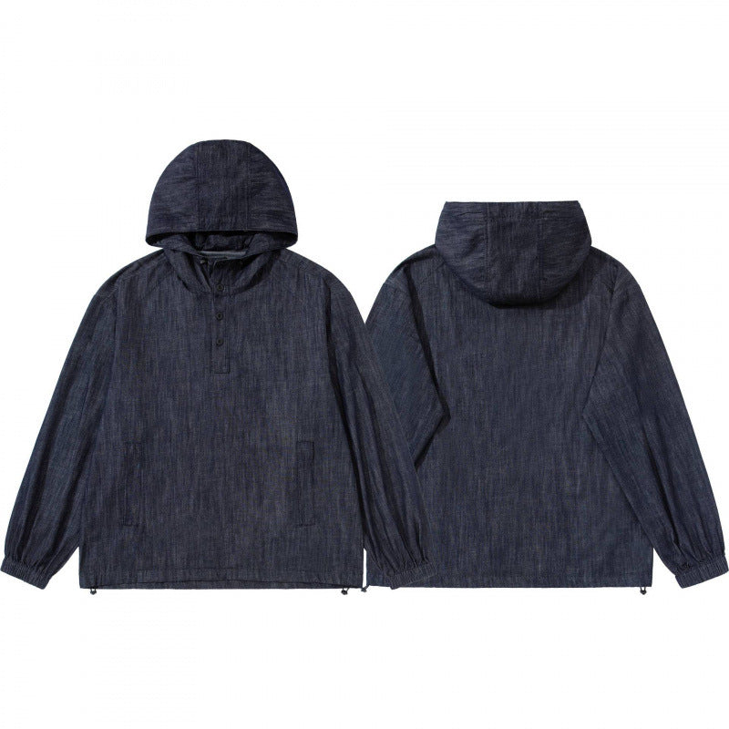 Unisex Denim-Blend Hooded Pullover in Overshirt Style with Henley Button Placket Fashion Glam