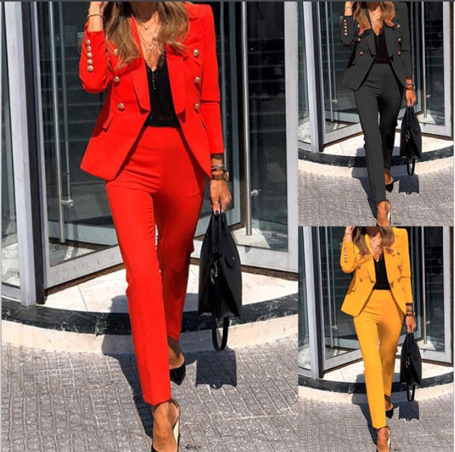 Women's tailored pantsuit with double-breasted button blazer and slim trousers Fashion Glam