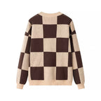 Women's Oversize Knitted Sweater with Distinctive Check Pattern and Ribbed Finishes Fashion Glam