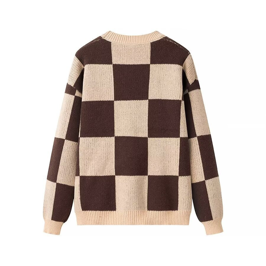 Women's Oversize Knitted Sweater with Distinctive Check Pattern and Ribbed Finishes Fashion Glam