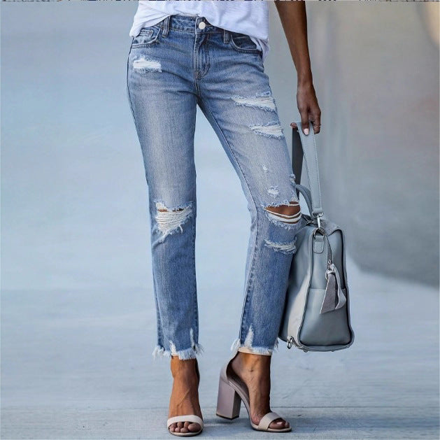 Ladies Casual Cropped Jeans with Distressed Destroy Design, High Waist and Asymmetrical Fringed Hem Fashion Glam