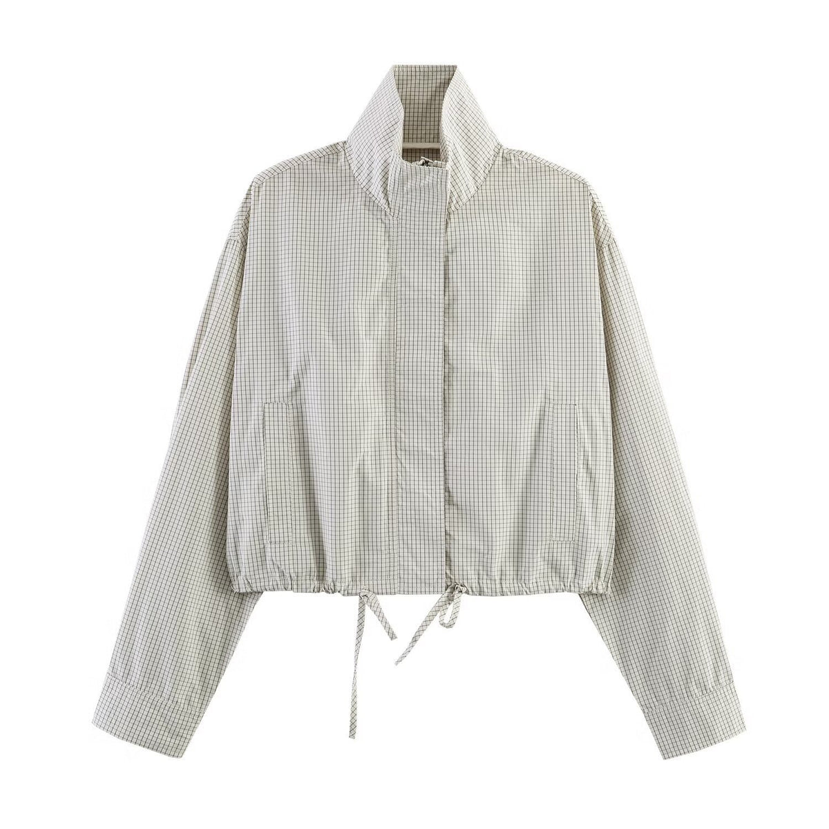 Women's Cropped Windbreaker with Stand-Up Collar, Checkered Pattern and Drawstring Fashion Glam