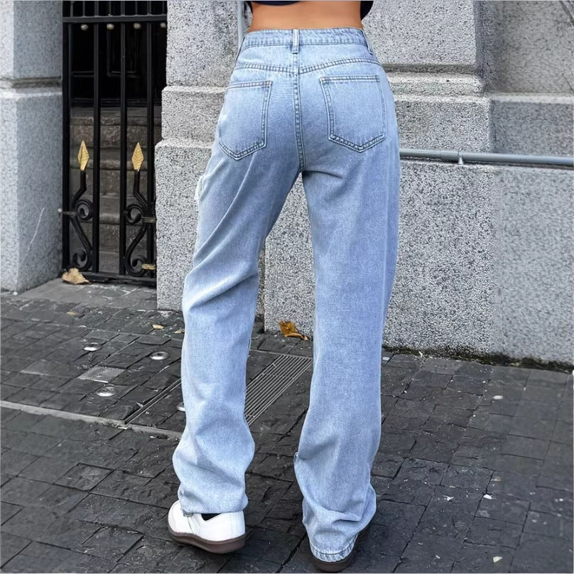 Women's High-Waisted Oversized Baggy Jeans with Strong Destroyed Look and Deep Crotch Fashion Glam