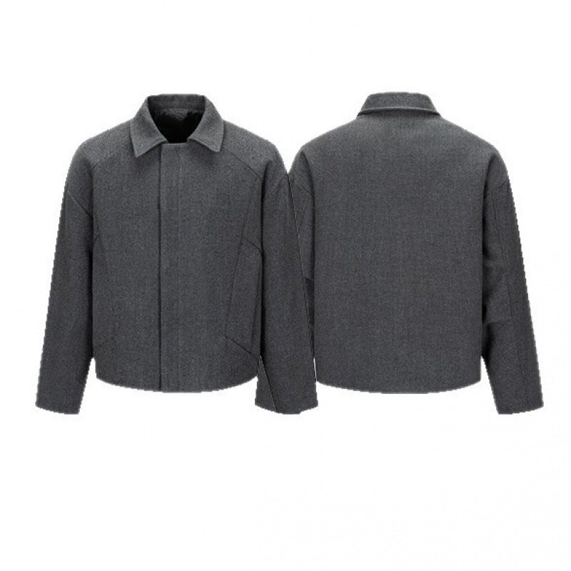 Men's Short Boxy Wool Blend Transitional Jacket with Concealed Button Placket and Raglan Sleeves Fashion Glam