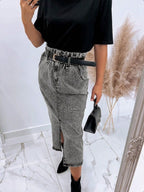 Women's High-Waisted Paperbag Denim Midi Skirt with Front Slit and Tied Belt Fashion Glam