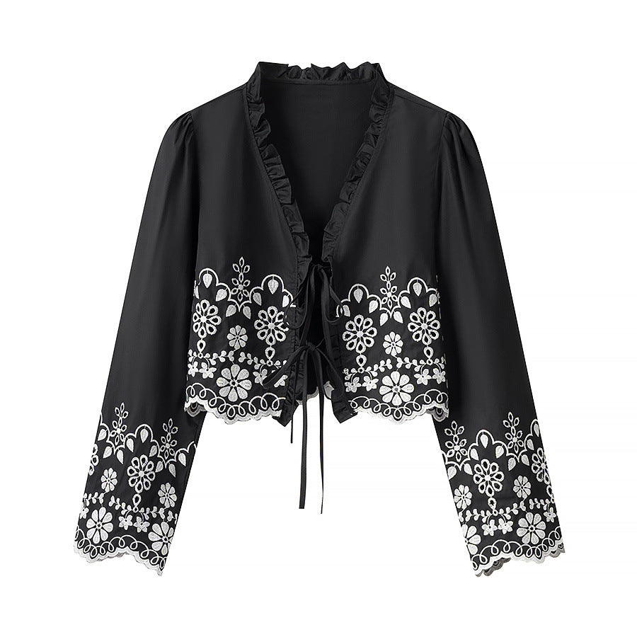 Women's short embroidered bolero jacket with ruffle collar and ties Fashion Glam