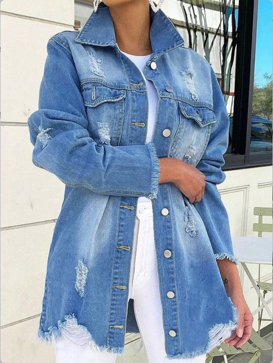 Women's Oversized Denim Jacket with Destroyed Details, Fringed Hem and Concealed Button Placket Fashion Glam