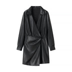 Ladies' wrap mid coat made of faux leather with knot detail and shirt collar Fashion Glam