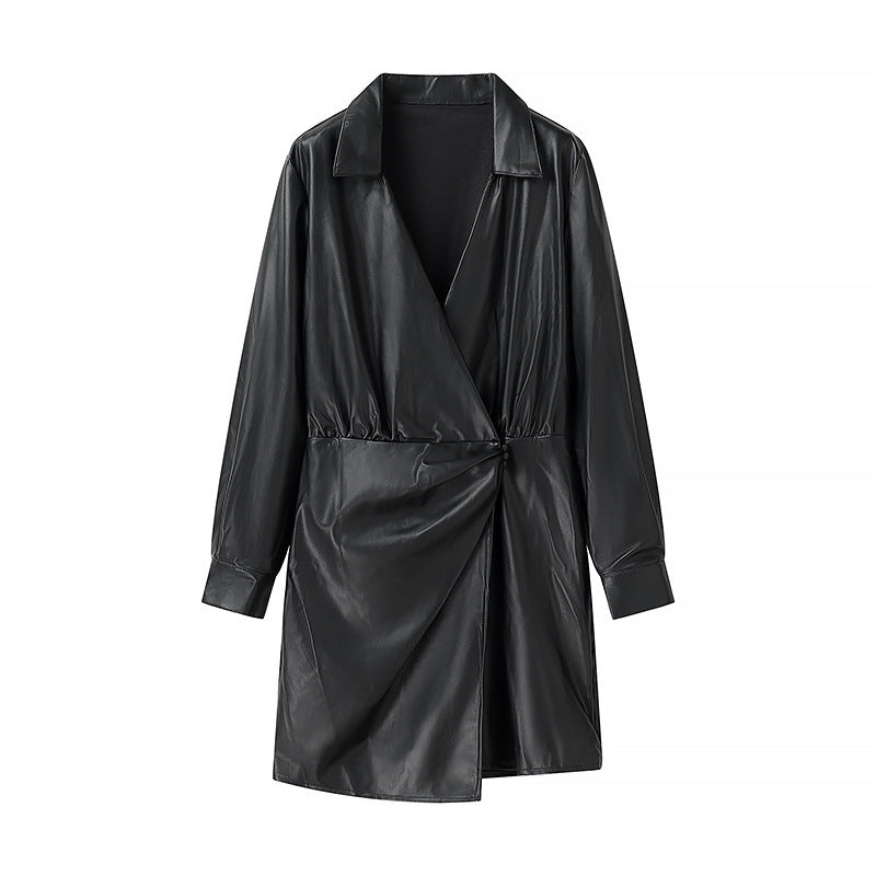 Ladies' wrap mid coat made of faux leather with knot detail and shirt collar Fashion Glam