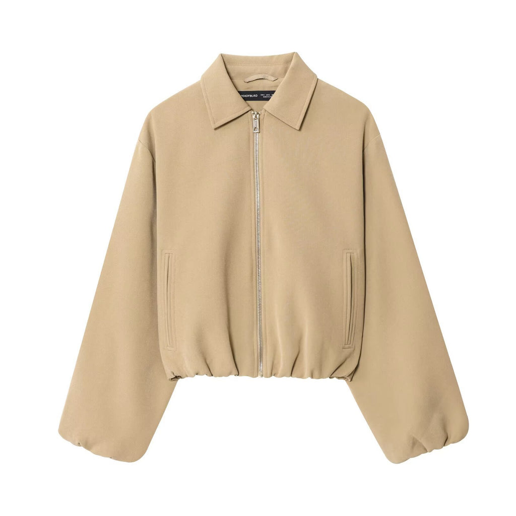 Women short jacket made of vegan leather with Kent collar, full-length zipper and gathered hem Fashion Glam