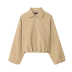 Women short jacket made of vegan leather with Kent collar, full-length zipper and gathered hem Fashion Glam