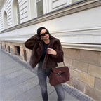 Women's Short Boxy Faux Fur Blouson with Classic Lapel Collar and Silky Lining Fashion Glam