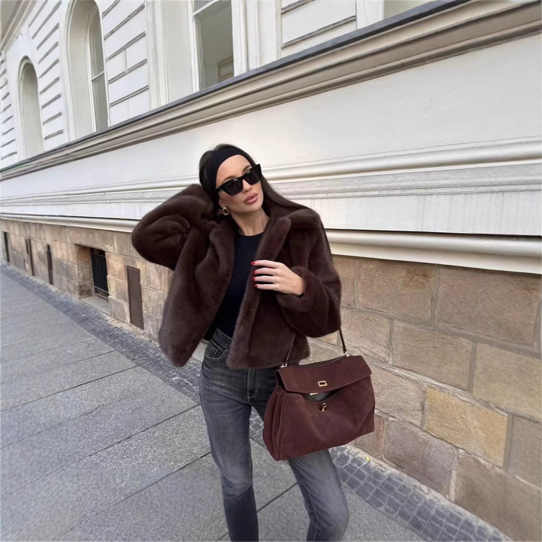 Women's Short Boxy Faux Fur Blouson with Classic Lapel Collar and Silky Lining Fashion Glam