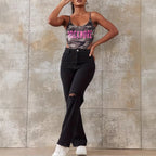 Ladies High-Waist Straight Jeans with wide leg, knee rip and textured denim look Fashion Glam
