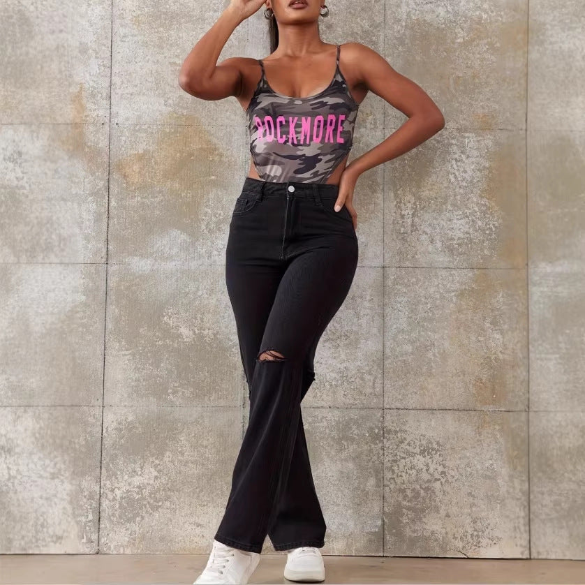 Ladies High-Waist Straight Jeans with wide leg, knee rip and textured denim look Fashion Glam