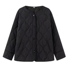 Women's Lightly Quilted Oversize Jacket with Round Neck, Snap Button Placket and Side Pockets Fashion Glam