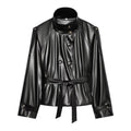 Women tailored faux leather jacket with stand-up collar, tie belt and double-breasted button placket Fashion Glam
