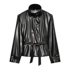 Women tailored faux leather jacket with stand-up collar, tie belt and double-breasted button placket Fashion Glam