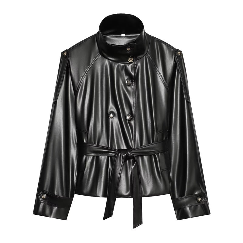 Women tailored faux leather jacket with stand-up collar, tie belt and double-breasted button placket Fashion Glam