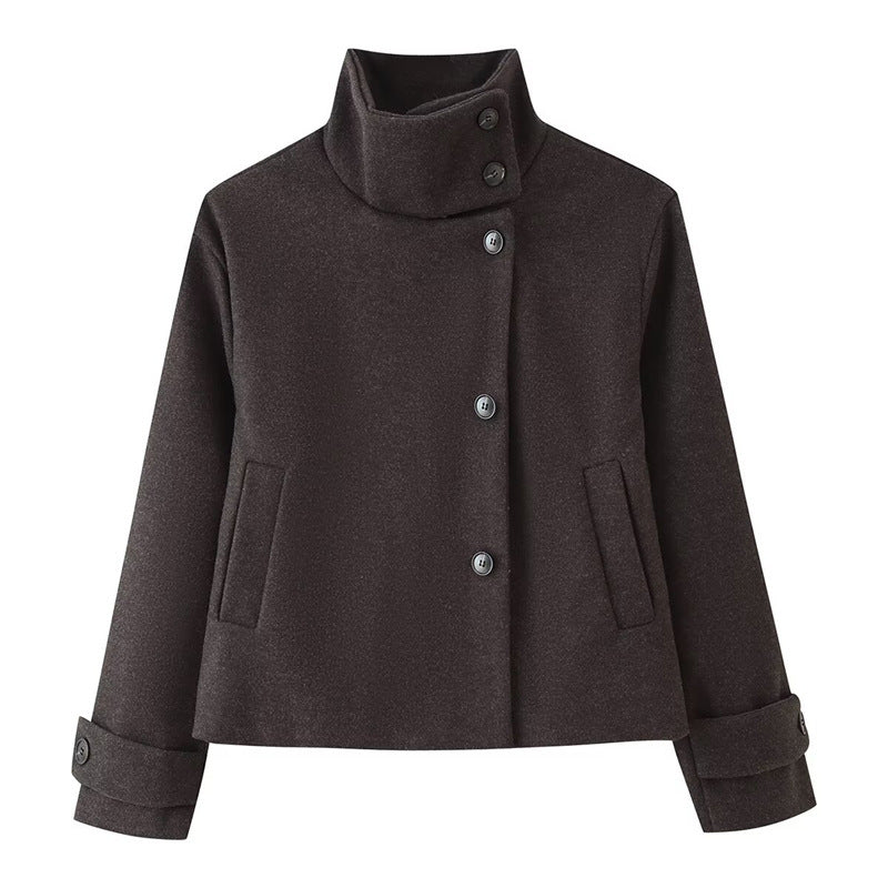 Women short boxy wool jacket with stand-up collar and cuffs Fashion Glam