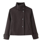 Women short boxy wool jacket with stand-up collar and cuffs Fashion Glam
