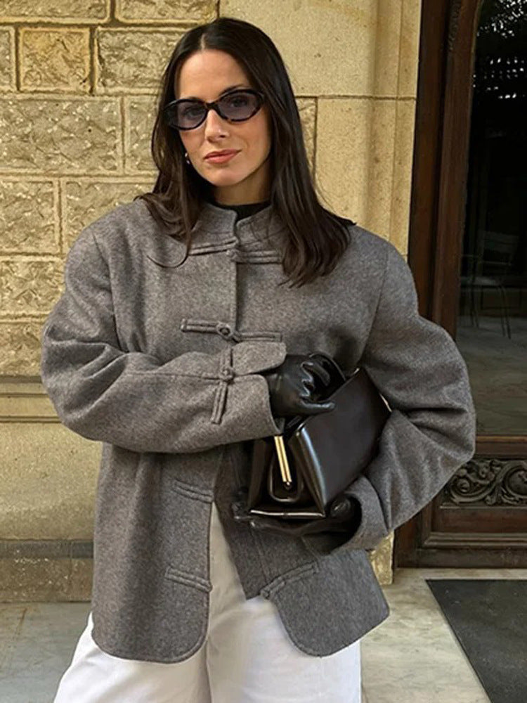 Women's Oversize Wool Blend Jacket with Mandarin Collar and Toggle Closures Fashion Glam