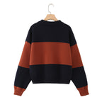 Women Oversized Polo Collar Sweater with Block Stripes Fashion Glam