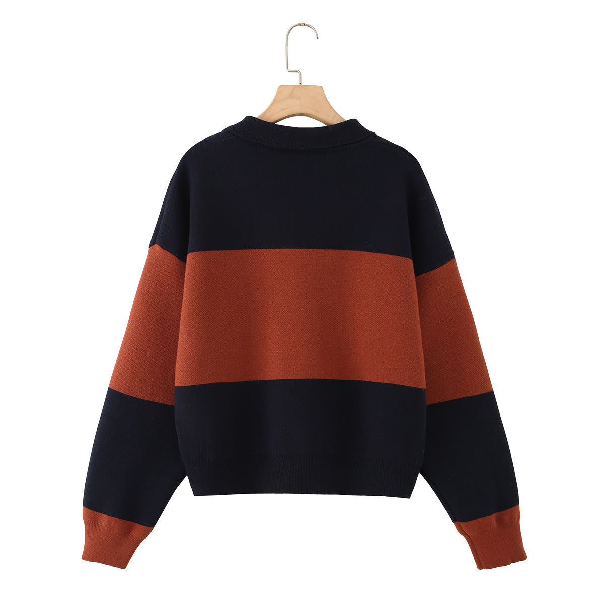 Women Oversized Polo Collar Sweater with Block Stripes Fashion Glam