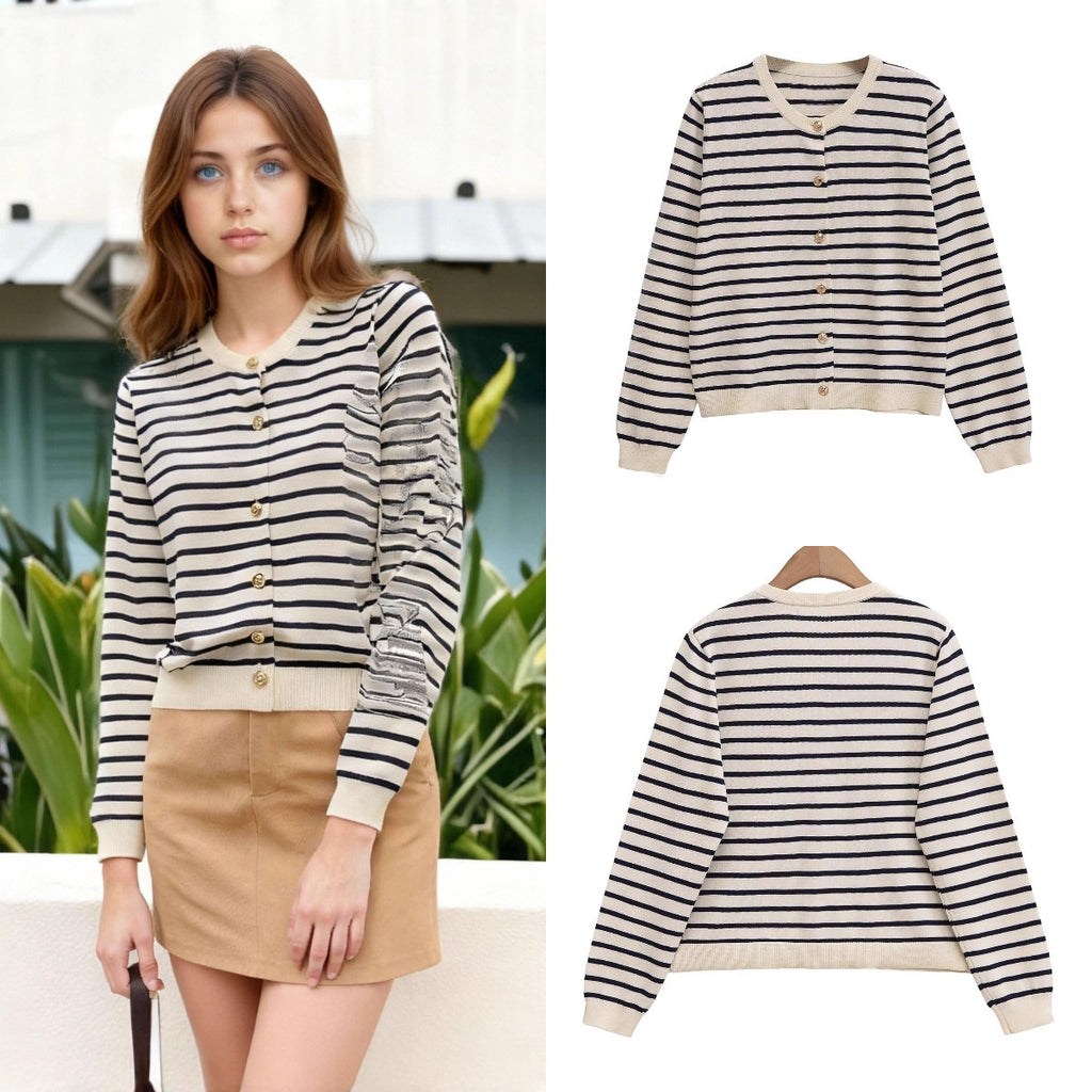 Women's Striped Lightweight Cardigan with Round Neckline and Decorative Buttons Fashion Glam