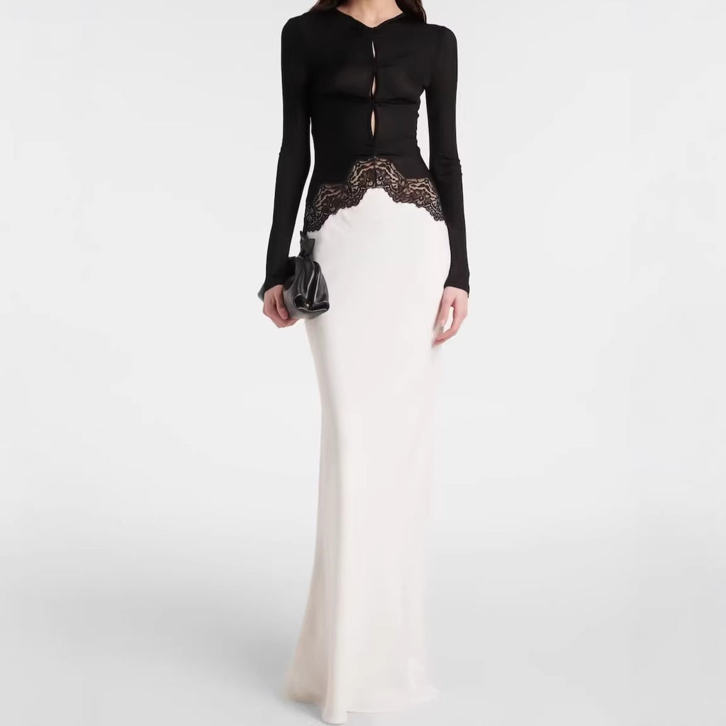 Women's maxi dress with contrasted top, lace insert and long sleeves Fashion Glam