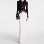 Women's maxi dress with contrasted top, lace insert and long sleeves Fashion Glam