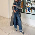 Women's Longline Coat in Houndstooth Mix with Velvet Shawl Collar and Decorative Pocket Trim Fashion Glam