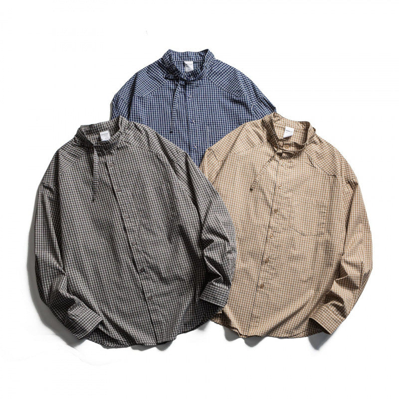 Men's Checked Oversize Shirt with Stand Collar, Drawstring and Raglan Sleeves Fashion Glam