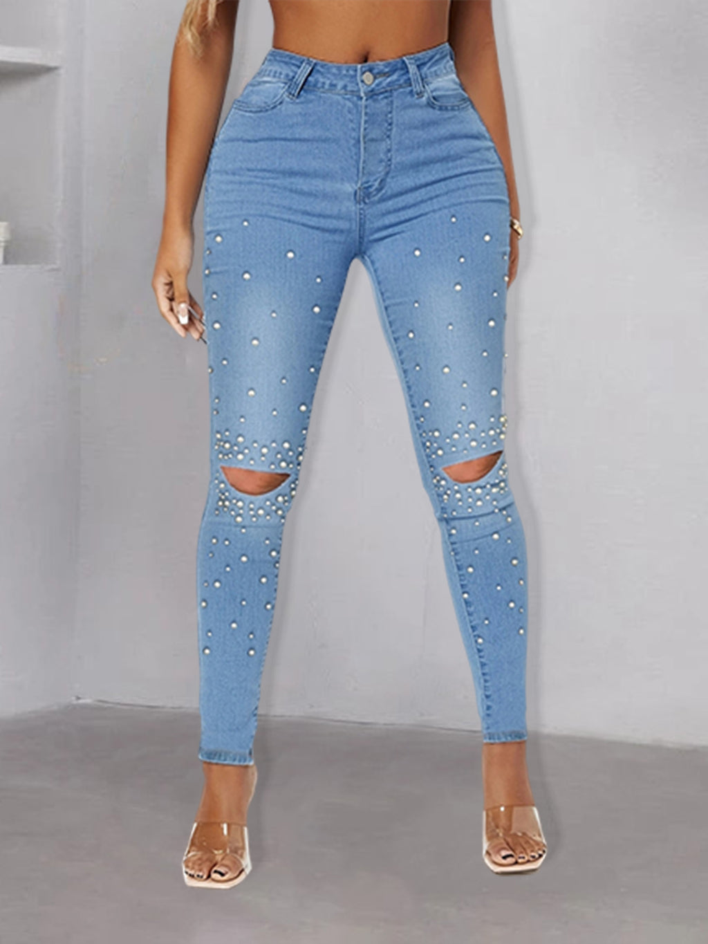 Women Tight High-Waist Skinny Jeans with Pearl Trim and Knee Cutouts Fashion Glam