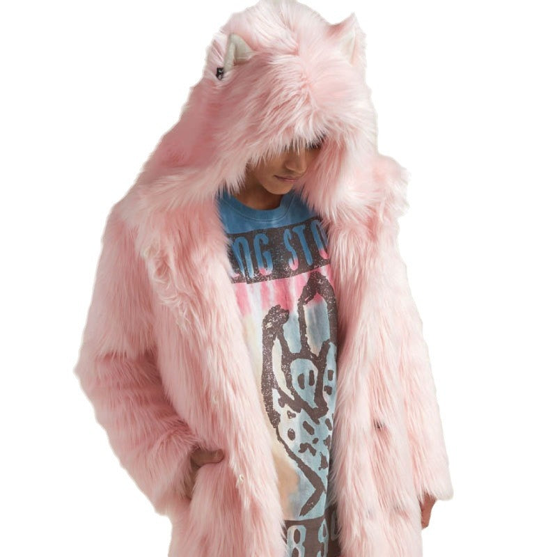 Women's Longer Hooded Faux Fur Coat with Animal Ears and Fluffy High Pile Fashion Glam