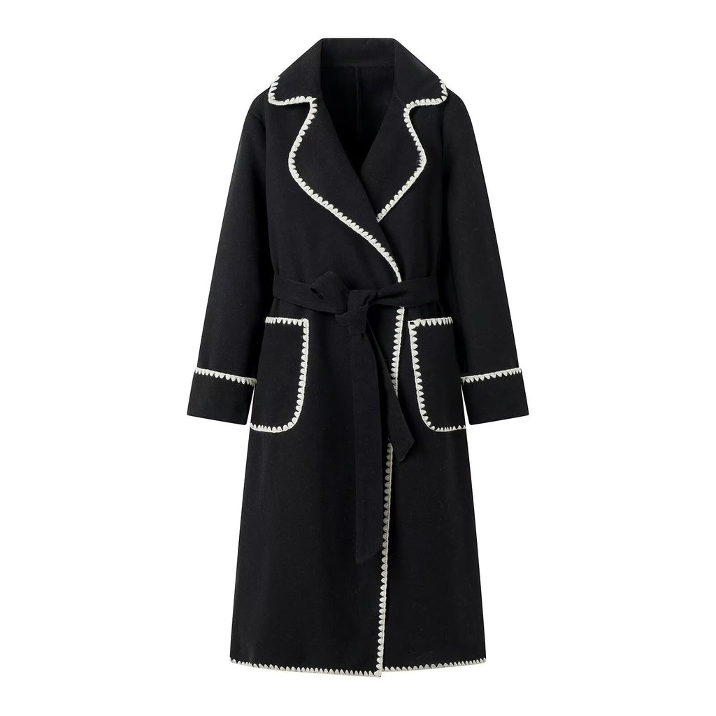 Women's Tailored Wool Blend Long Coat with Belt and Contrasting Zigzag Trim Fashion Glam