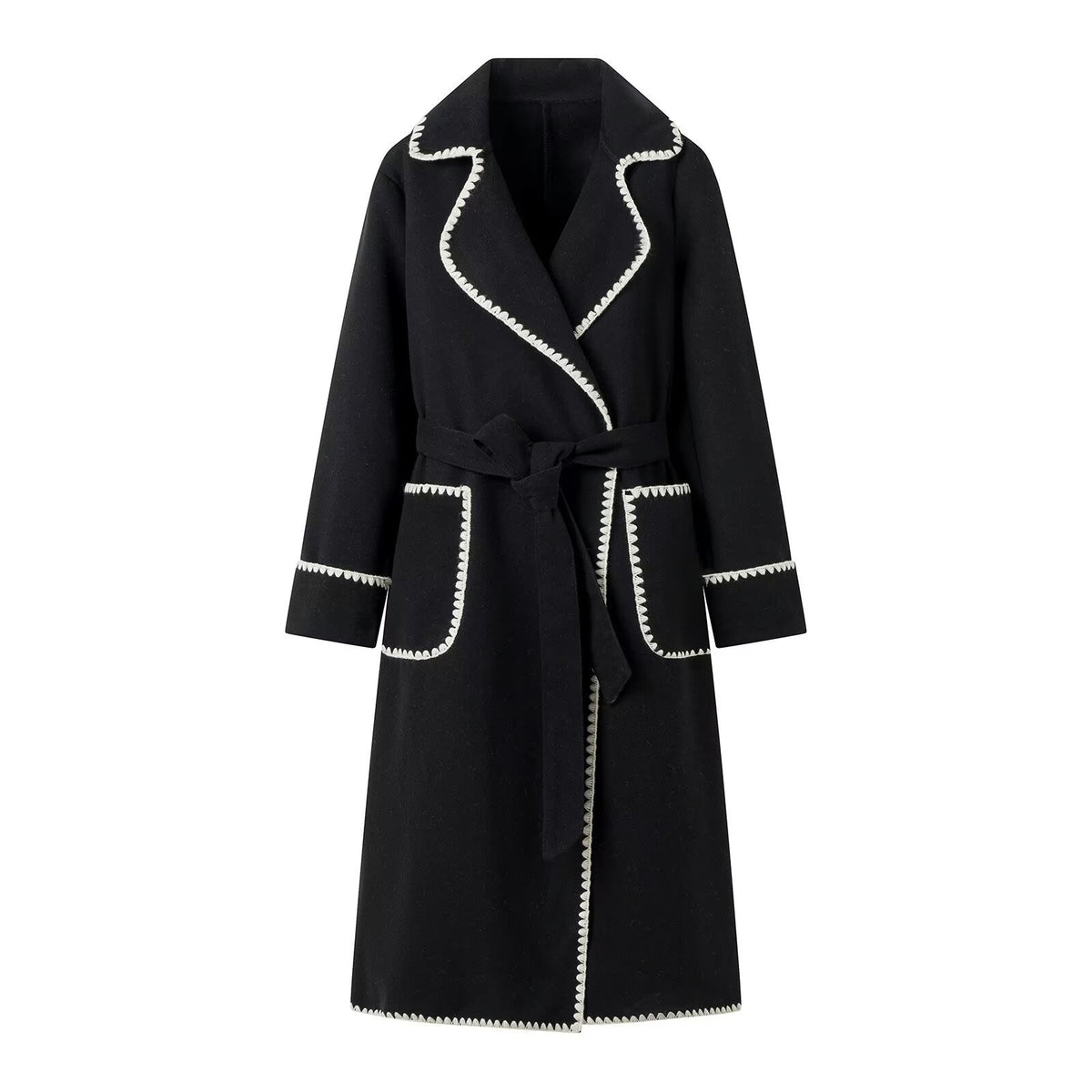 Women's Tailored Wool Blend Long Coat with Belt and Contrasting Zigzag Trim Fashion Glam