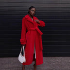 Women Elegant Maxi Wool Coat with Waist Belt, Wide Lapel and Roll-Up Cuffs Fashion Glam